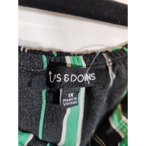 Ups & Downs $40 1X Black White Green Striped Ruffle Top Strapless Long Romper - Picture 3 of 5